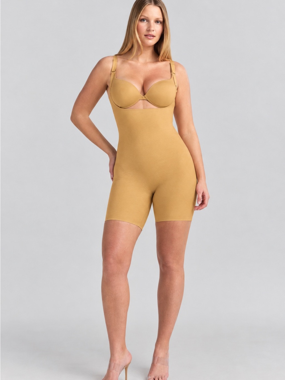 SKIMS Corr Sculpt Open Bust High-Waist Mid-Thigh Shapewear Bodysuit Golden Tan M
